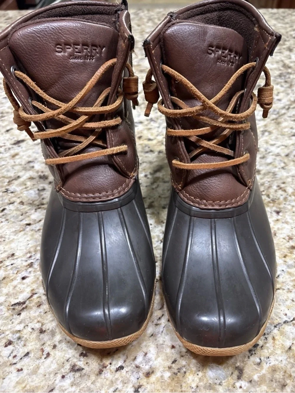 Sperry Two-Tone Chocolate Brown and Tan Duck Boots. Girls size 3M